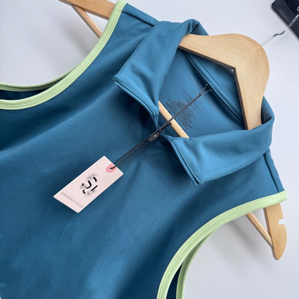 Sincerely Jules Active Crop Top Women L Teal Sleeveless Quarter Zip J22B317TS